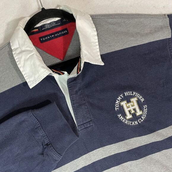 Tommy Hilfiger Rugby Polo Mens Large Vintage Striped Long Sleeve Navy Gray Y2K - Picture 1 of 7